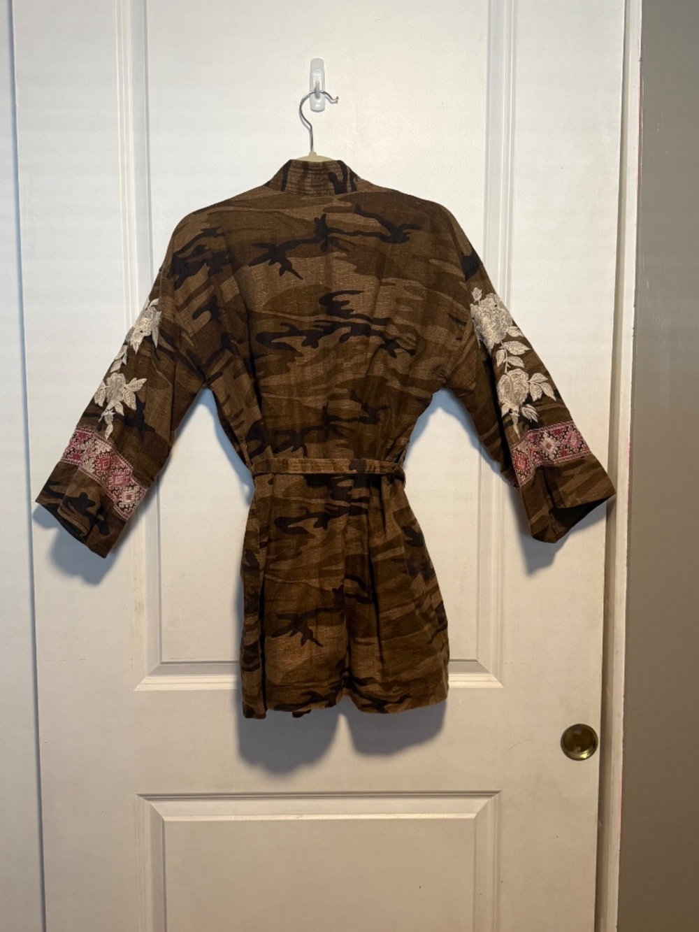 Johnny Was Flora Camo Embroidered Kimono Duster Belted Linen Boho - Picture 8 of 15